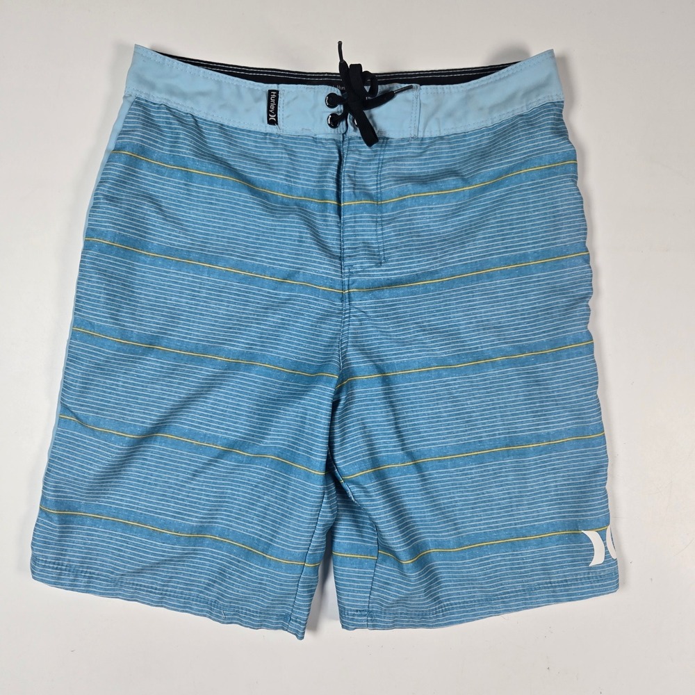 Hurley Board Shorts Boys Size 14/27 Blue Striped Swim Trunks Surf Beachwear